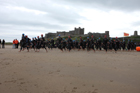 Start of the swimming during the Bamburgh Triathlon with Bamburgh Castle in the background